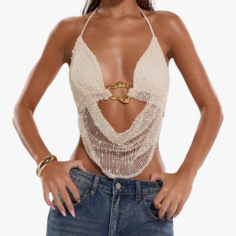 Beige Knit Halter Chain-Detail Crop Top